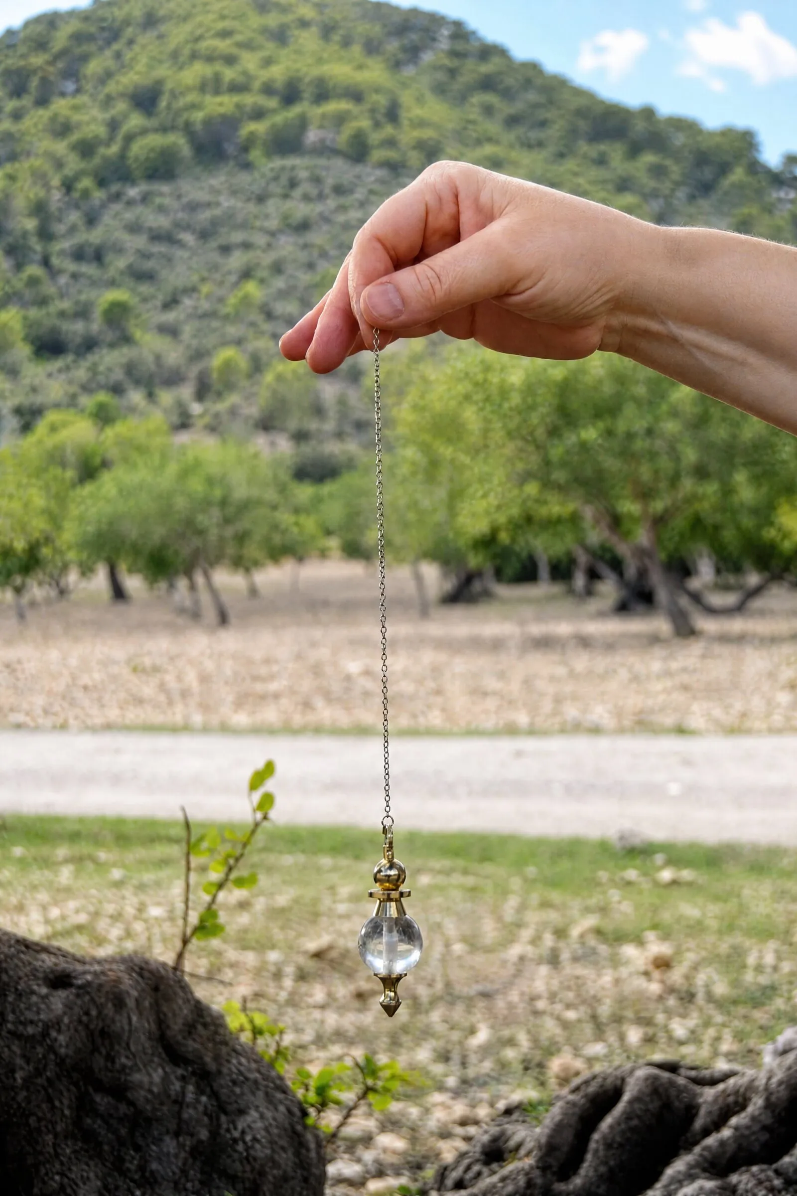 Una mano sostiene un péndulo de cristal sobre el campo, con los árboles y el monte detrás