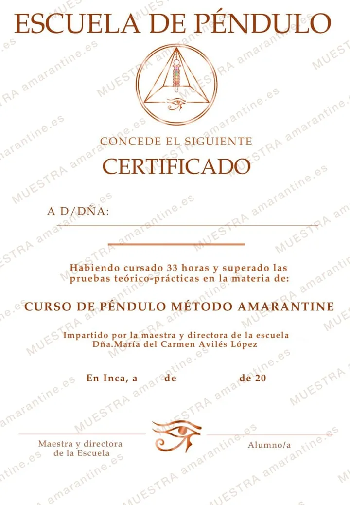 El certificado del curso de péndulo Método Amarantine, de 33 horas