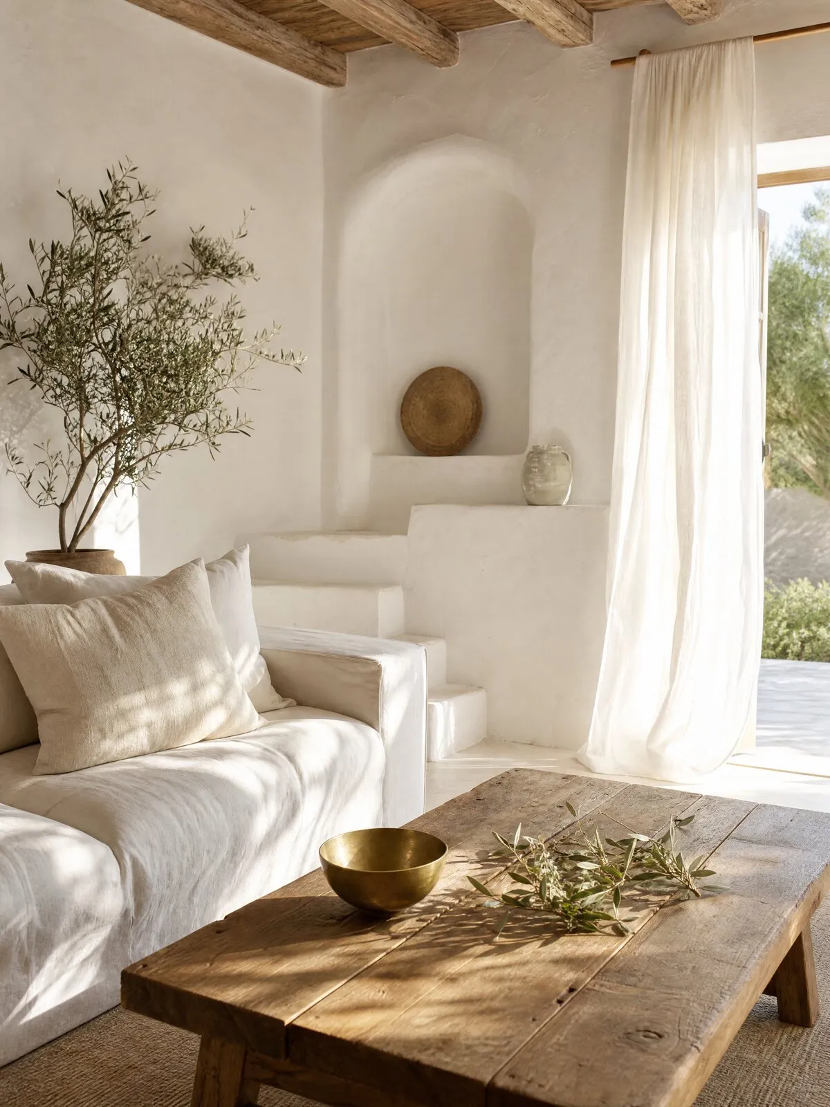 Un salón blanco y luminoso de estilo mallorquín, con vigas de madera, un olivo en su maceta y una cortina de lino