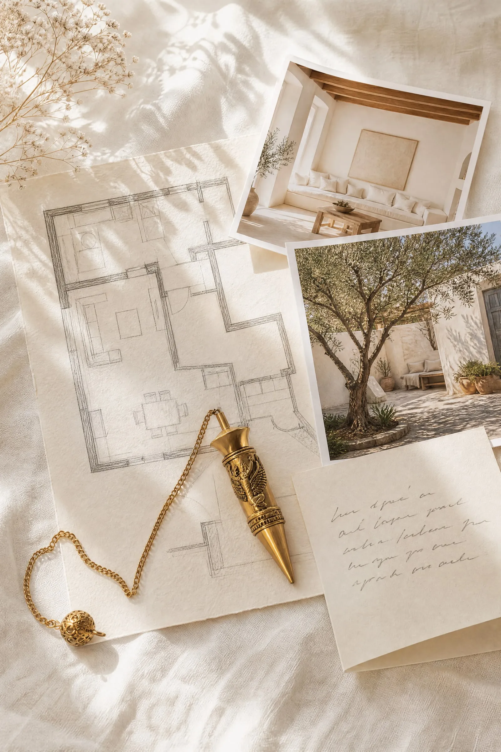 Un plano de una casa dibujado a lápiz, dos fotos de un salón blanco y de un patio con un olivo, y una nota doblada, sobre lino blanco con un péndulo egipcio de latón