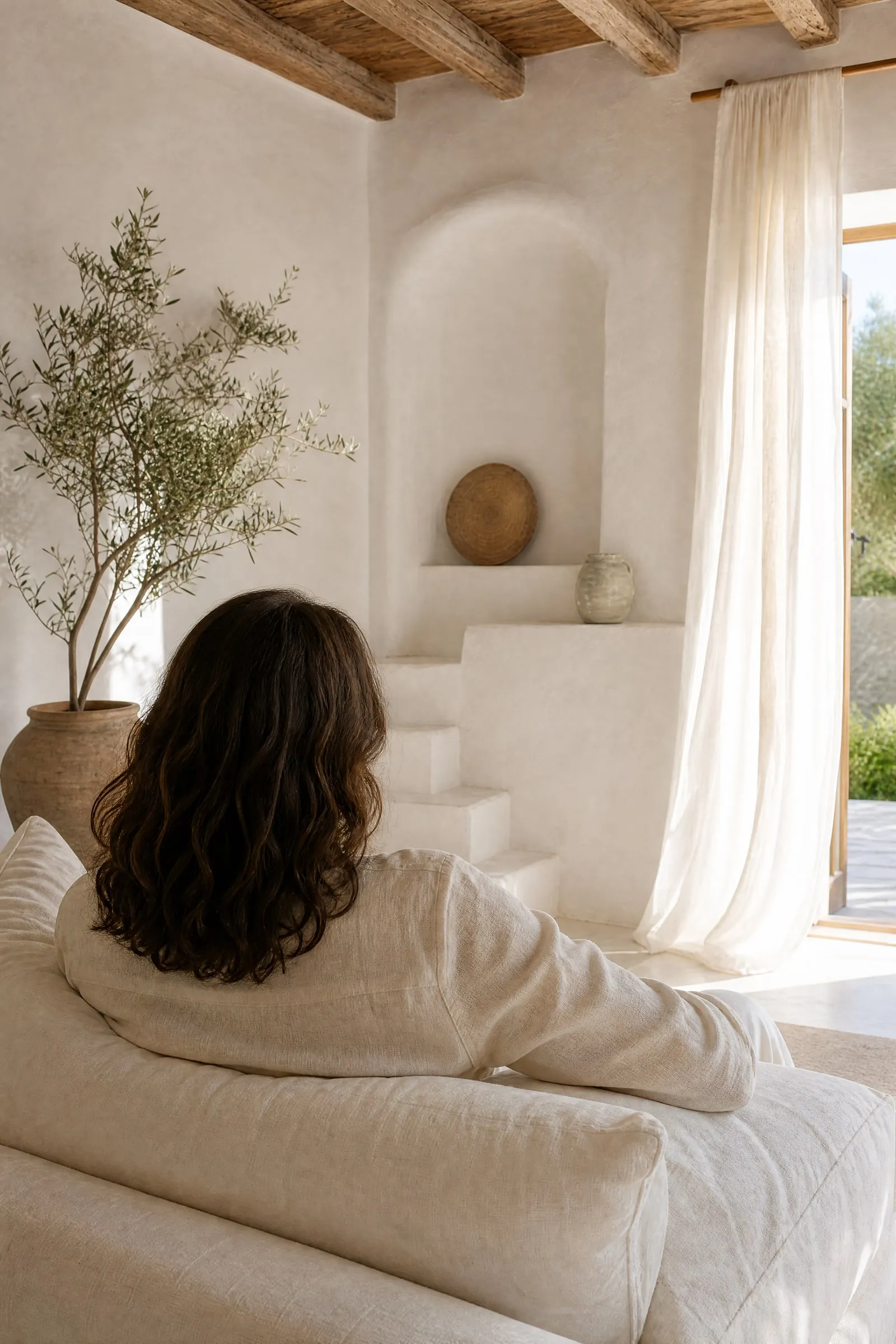 Una mujer sentada de espaldas en el sofá de un salón blanco y luminoso de estilo mallorquín, mirando hacia la ventana